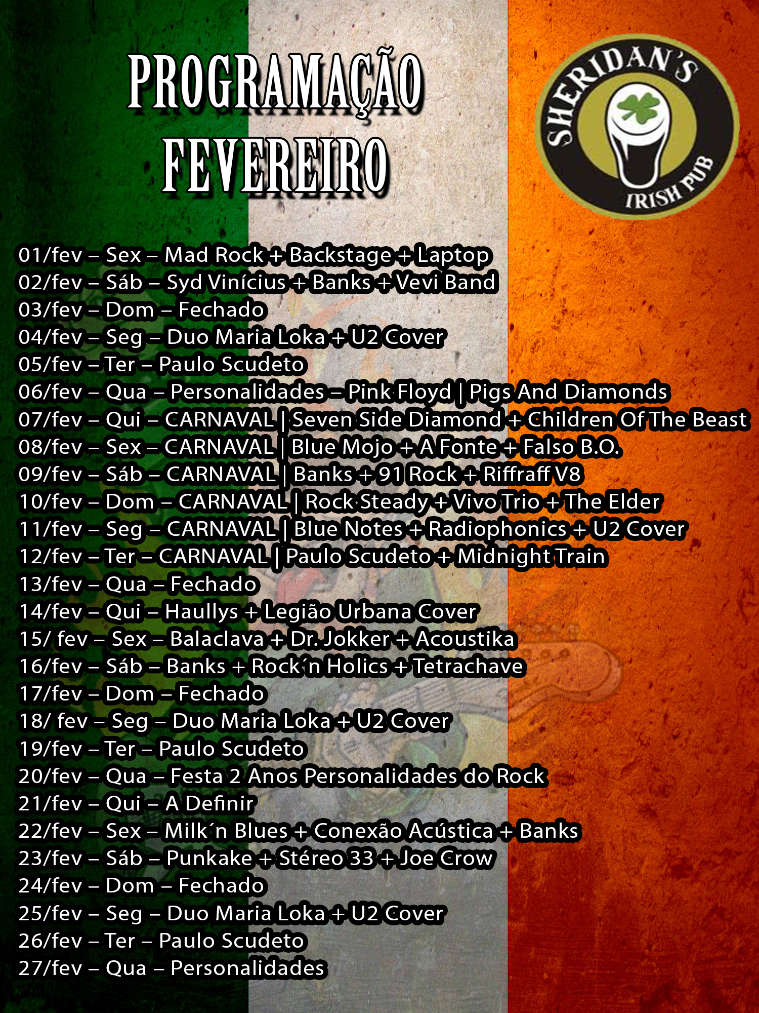 Programação do mês de fevereiro – SHERIDANS IRISH PUB